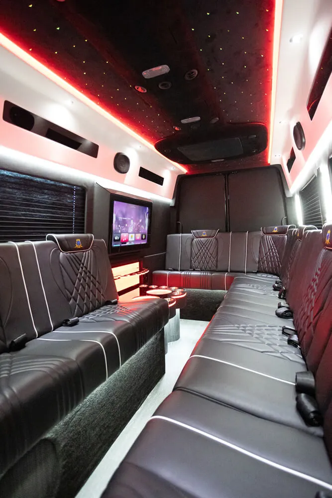 Mercedes Sprinter, that seats up to 14 adults.